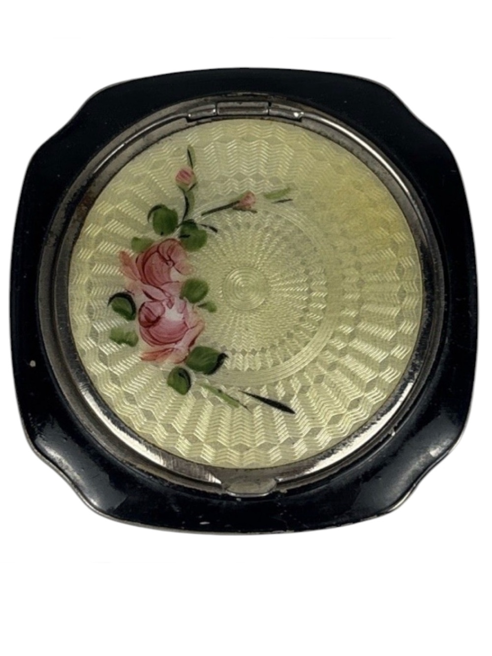 Vintage Art Deco Guilloche Rose Enamel Compact